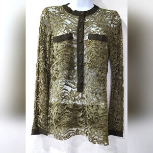 Nanette Lepore Womens Lace Top Size 2 Dark‎ Olive Silk Trim Sheer Quiet Luxury